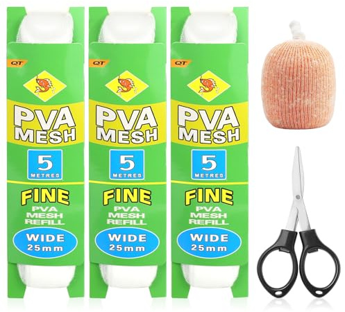 Annyswit 3 Pcs Recambio de Malla PVA 15m Con Tijeras - Bolsas de 25/37 mm de Ancho - Accesorios de Pesca de Carpa Solubles en Agua de Rápida Disolución Para Alimentación Precisa