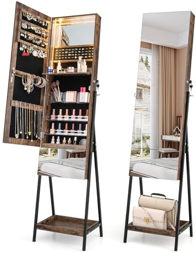 COSTWAY LED Lights Jewellery Cabinet, Freestanding Lockable Jewelry Armoire with Full Length Mirror, Large Storage and Drawer, Bedroom Makeup Cosmetics Jewellery Organiser Unit Gift (Rustic Brown)