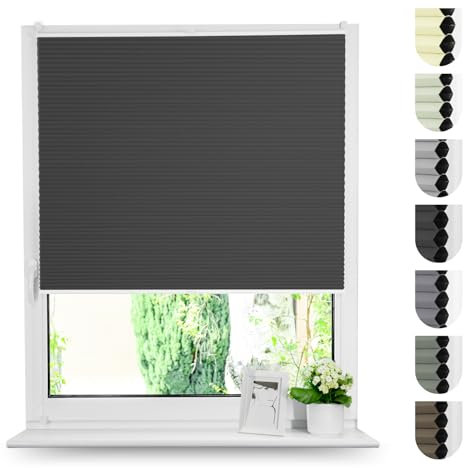 Tom'Shop Plissee Klemmfix ohne Bohren Sonnenschutz Plisseerollo Jalousie Lichtdurchlässig und Blickdicht für Fenster & Tür (WABEN Schwarz B30cm x H80cm)