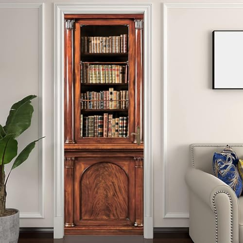 workid MT-5 - Papel pintado para puerta autoadhesivo para puerta, póster para puerta, efecto 3D, para dormitorio, salón, cocina, vintage, estantería de libros, 90 x 200 cm