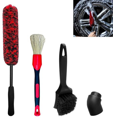 Lunyloer Car Wheel Brush Set, 4 Pcs Car Wash Kit Tyre Rim Brush Tool, Long Handle Soft Microfiber Wheel Tire Cleaning Brush for Cleaning Vehicle Motorcycle Bicycle Wheel (Red)