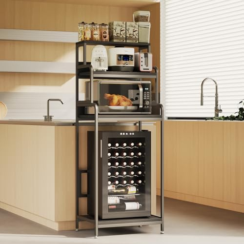 COCOLUCKY 4-Tier Mini Fridge Stand with Storage,Mini Fridge Cabinet with Storage,Mini Fridge and Microwave Oven Stand,Bakers Rack,Mini Fridge Shelf for Home Office Dorm(Black Wood Grain)