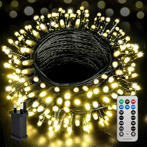 Desiretech Christmas Tree Lights - 30m 300 LED Outdoor Waterproof Plug-in String Lights, Remote Control, 8 Modes, Timer, Dimmable Warm White Light for Indoor & Outdoor Christmas Decorations