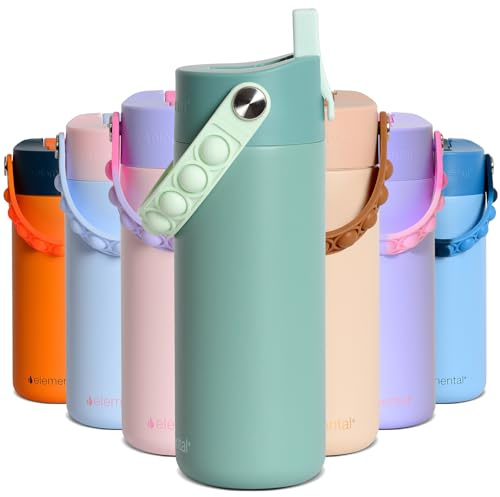 Elemental Insulated Kids Water Bottle, Stainless Steel Water Bottle with Straw Lid & Pop-It Handle, Leak-Proof Water Bottles for School, Boys or Girls, Travelling and Sports, 530ml - Sage