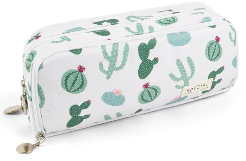 OFFCUP Trousse à Crayons, Grande Capacité Trousse Scolaire pour Garcon Fille, Sac à Crayons avec 3 Compartiments, Sac De Papeterie Organisateur pour Éclair Fourniture L'École (Cactus)