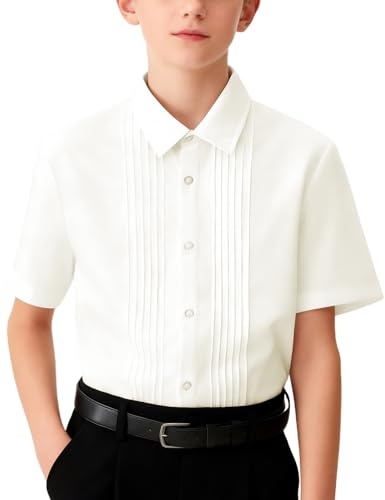 mintgreen Chemise Garçon, Smoking Enfant Robe Formelle en Coton Vêtements À Manches Courte, Intégral-Plissé Ivoire, 13-14 Ans, Tag 14
