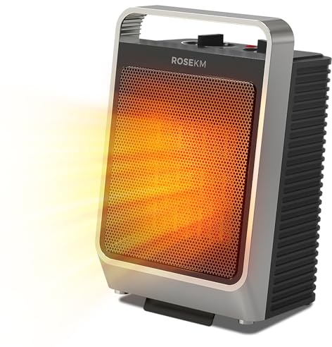 ROSEKM Space Heaters for Indoor Use, 1500W Portable Electric Heater with Thermostat, Ceramic Heater for Room Bedroom Office Under Desk with 3 Heating Levels, Safe Tip-Over Protection (Silver)