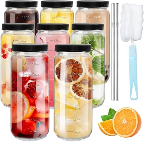Lot de 6 Bouteille verre 500ml Avec Bouchons, Réutilisables Bouteilles Jus de Fruit avec Couvercles, Bouteille de Jus avec Brosse de Nettoyage pour Jus, Lait, Boissons Faites Maison,Shots de Gingembre
