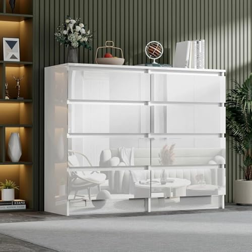 LSLIFE Weiße Kommode mit 6/8 Schubladen Hochglanz Schlafzimmerschrank Nachttisch Sideboard Stauraum Möbel für Wohnzimmer Büro Flur (8 Schubladen weiß)