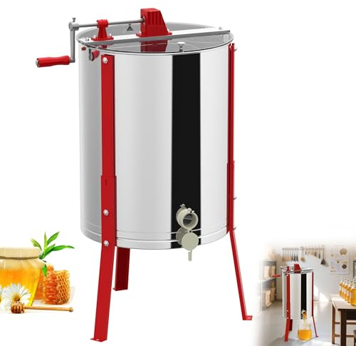 QEENTOE Handbetriebene Honigschleuder Diagonalschleuder aus Edelstahl | 4 Waben Bienenwachs Presse mit robustem Rahmen | Inkl. Sicherheitsdeckel und stabilem Fuß | für Imker und Hobby-Züchter 48 cm