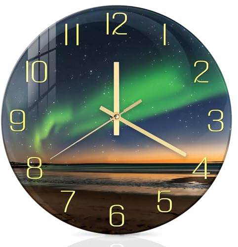 PORFOYO Orologio da parete Seaside Luci del Nord, grande orologio da parete in vetro da 30 cm, orologio da parete rotondo, silenzioso senza ticchettio, orologio da parete in vetro per soggiorno