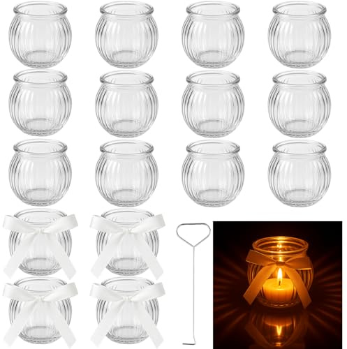 Ferenando 16 Pcs Glass Tealight Holders, Ø5.2cm x H5.5cm, Vintage Tea Light Candle Holders with Ribbon & Hook, Elegant Small Glass Candle Holders for Weddings, Christmas, Party, Home Decoration
