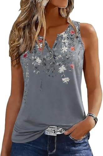 GRMLRPT Canotta Donna Estivo Bluse Senza Maniche con Scollo a V Camicette Casual in Floreale Capo Basic Canotta Maglietta Tops(Grigio,M)