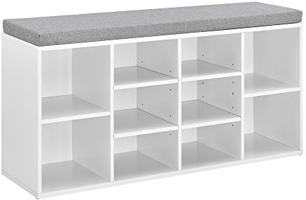 [en.casa] Schuhregal und Sitzbank mit 10 Ablageflächen 103x30x48cm Schuhschrank Schuhständer Schuhkommode Weiß Grau