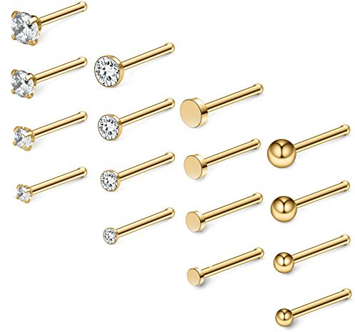 Ruifan 16PCS 20G Surgical Steel 1.5mm 2mm 2.5mm 3mm Top Flat & Ball & Clear Round & Jeweled Clear CZ Nose Stud Ring Bone Pin Piercing Jewelry - Gold
