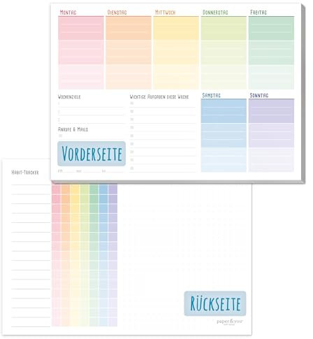paper&you® A5 Wochenplaner Block [Rainbow] 50 Seiten inkl. Notizblock auf der Rückseite - klimafreundlich und nachhaltig