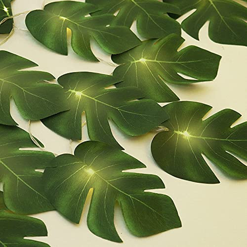 RECUTMS 20LED Monstera Leaf String Lights, Tropical Artificial Rattan Palm Leaves Wall Hanging Vine Greenery,Summer Decorations for Outdoor Indoor Hawaiian Luau Jungle Beach Theme Party Table Home