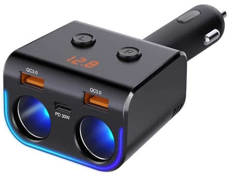 180W USB C Auto Ladegerät Zigarettenanzünder Verteiler Adapter Splitter Typ C KFZ Ladegerät 2 Fach, 12v USB Steckdose mit LED Voltmeter Schalter Dual USB +PD Port für Handy Tablet GPS Dash Kamera