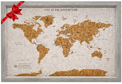 Splosh Mappa da Viaggio Incorniciata - Piccola Tavoletta in Legno Grigia con 100 Puntine. Mappa da Viaggio su Sughero. Mappa del Mondo in Legno, Mappa su Sughero per Regalo di Viaggio. Segna le tue
