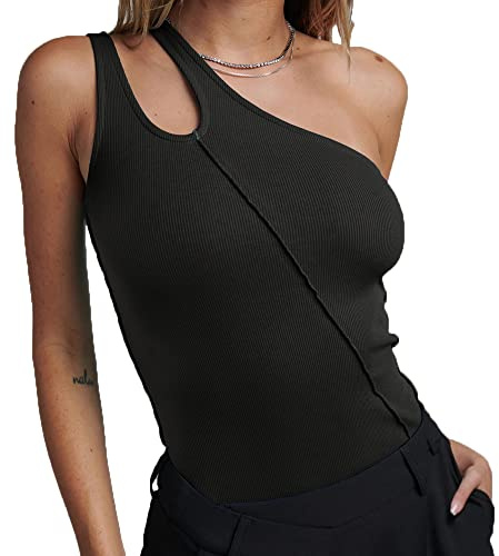 BKEPDY Body Donna Senza Maniche Una Spalla Tagliata Bodysuit Senza Maniche Sottogiacca Top Elegante Sexy Casuale Blusa Camicie Elasticizzato Tinta Unita Jumpsuits Tops Leotard (Nero L)