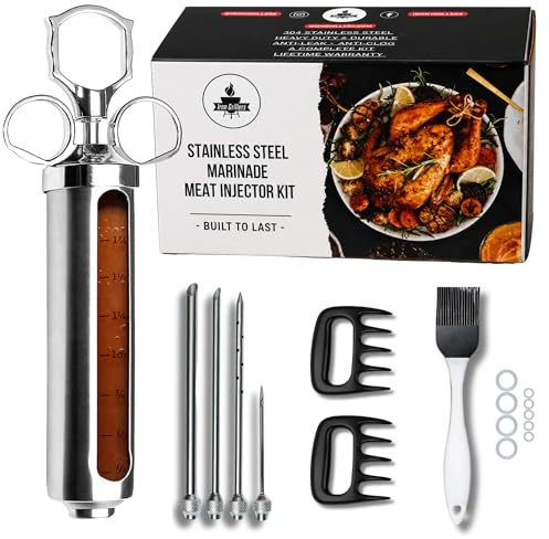 Iron Grillers Kit professionale per siringa per affumicare e grigliare, grande capacità di 56,7 g, in acciaio inox, pennello per marinata e artigli tritacarne, crea deliziosi tacchini e altro