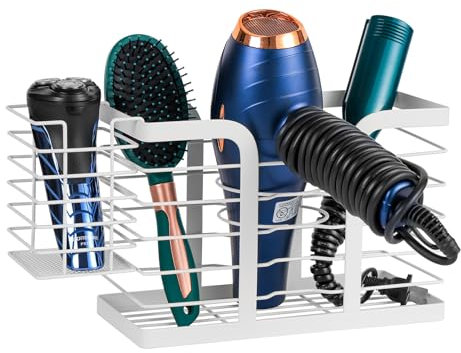 YUET Hair Dryer Holder Station/Wall Mounted,With Self Adhesive Pads No Drill,Hairdryer Tools Organizer,Hair Accessories Organiser Storage for Hair Brushes,Straightener,Flat Iron,Curling Wand White