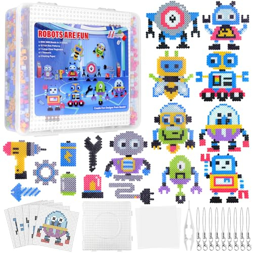 Homgaty Fuse Beads Kit, 5000 PCS Robot Iron Beads Crafting Melting Beads Set for Craft Enthusiasts, 17 Styles Patterns Beads Pegboards, Tweezers, Ironing Paper, Chain Accessories for DIY Craft Making