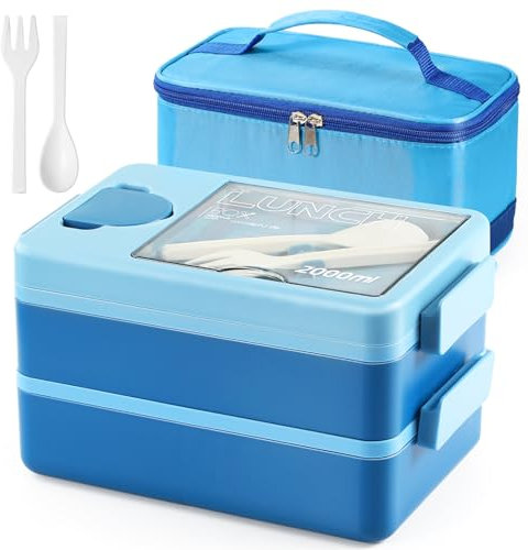 AECIASO Lunch Box, 2 Etagen Bento Box mit 4 Fächern, 2000ml Große Volumen Brotdose mit Besteck, Saucebehälter und Lunch Tasche für Erwachsene, Ideal für Arbeit Schule Picknick Reisen