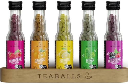 TEABALLS Lot de 5 tasses de thé Rainbow – Framboise, orange, citron, menthe, baie sauvage – Environ 200 tasses de thé – Soluble à chaud et à froid, naturel et sans sucre – Idée cadeau pour la famille