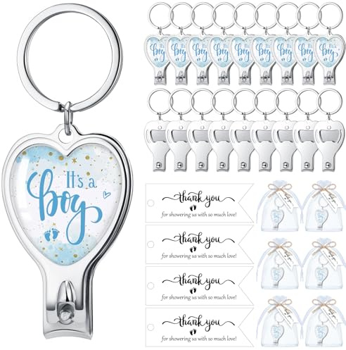 Pickmesh 50 Set Baby Shower Party Favors for Guests Heart Bottle Opener Nail Clipper Keychain with Thank You Tags Organza Bag for Baby Shower Gender Revel Party Souvenirs(Boy)