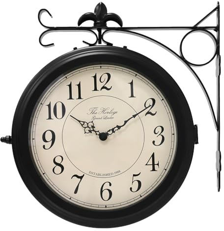 BESTIME 66276B Double Sided Metal Wall Clock with Black Frame.Dial: 10-Inch,Quiet,Easy Read,Retro Station,Antique Hanging Clocks for Garden,Home Decor,Indoor,Outdoor,Living Room.