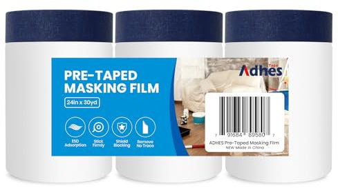 ADHES Pre-Taped Masking Film Plastic Dust Sheeting Roll Painters Plastic with Self Adhesive Tape, 600mm x 27m x 3 Rolls Painters Tape for Automotive Painting Covering