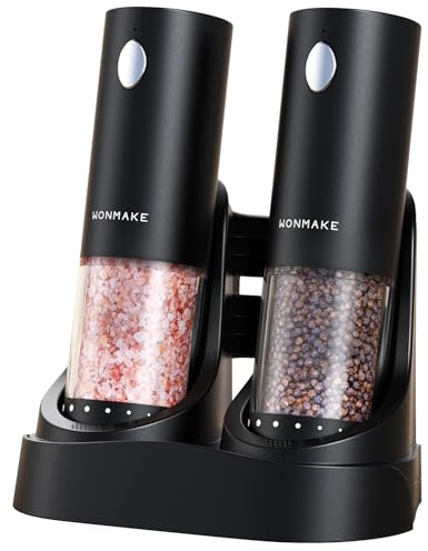 Electric Salt and Pepper Grinder Set - Automatic Refillable Salt and Pepper Grinders with Charging Base & LED Light, Adjustable Coarseness, One-handed Easy Operation, Ideal Kitchen Gadget