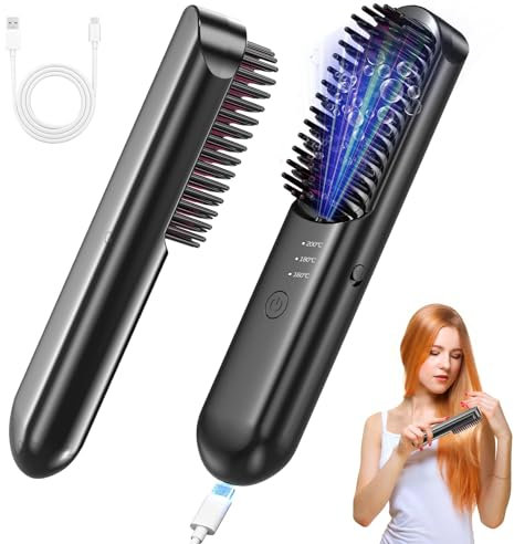 HyAdierTech Haarglätter Bürste, Kabellose Glättbürste, Professionelle Haarglätterbürste, Mini Tragbare Glätteisen, USB Wiederaufladbare, 3 Temperaturstufen, Schnelles Aufheizen, für Haarstyling