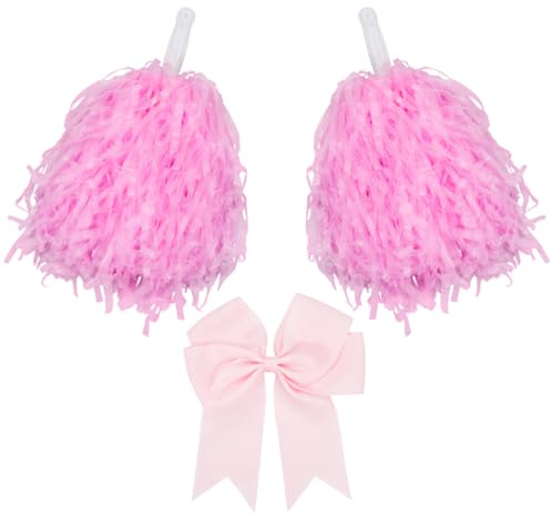 CREATCABIN Cheerleading Pom Poms and Large Cheerleader Hair Bow Metallic Foil Pompoms Cheer for Sport Events Cheering Squad Dance Rooters Accessories Adults Team Football Baseball Softball Pink