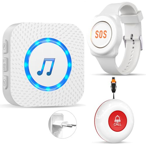 ChunHee Pulsante Allarme Anziani Braccialetto Allarme senza fili per Anziani,Campanello Emergenza Anziani, 1 Trasmittitore + 1 Ricevitore + 1 Braccialetto