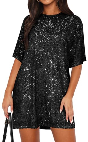 EUDOLAH Women's Sparkly Backless V-Neck Shirt Dress Sexy Half Sleeve Loose Party Club Cocktail Dress (S,Black)