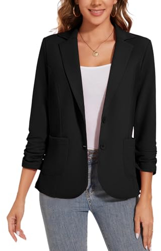 Womens Blazer Casual Basic Work Office Cardigan，Tuxedo Blazer Suit Boyfriend Jacket，Open Front Blazers (Black L)