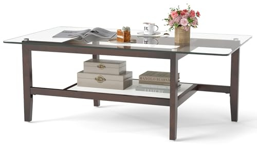 COSTWAY Soffbord av glas, 2 våningar sidobord med förvaringsyta, 107 cm långt rektangulärt soffbord med ben av massivt gummiträd för vardagsrum, kontor (107 x 60 x 42 cm)