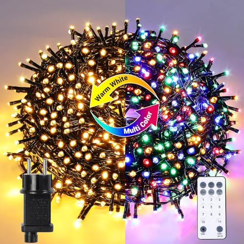 GlobaLink Julbelysning Utomhus 100M, 1000 LED Ljusslingor Varmvita och Färgglada, 11 Lägen med Fjärrkontroll och Timer, 4 i 1 Julgransbelysning Dimbar för Juldekoration