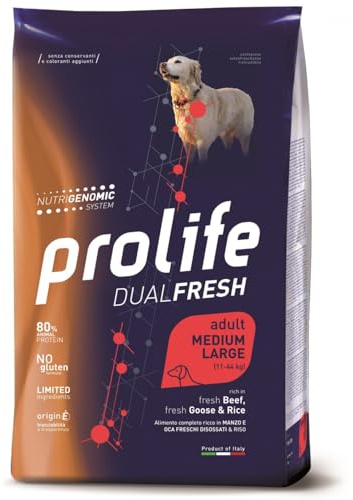 Prolife Chien Adulte Dualfresh Medium / Large Boeuf, Oie et Riz, Aliments secs complets pour chiens adultes de taille moyenne et grande, lot de 12 kg.