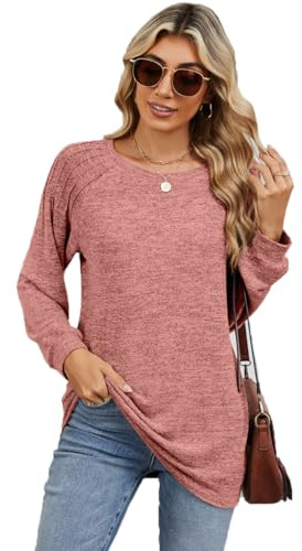 Nutria Jersey de manga larga para mujer, de ganchillo, cuello redondo, cómodo, para invierno, otoño, D12, Rosa., M