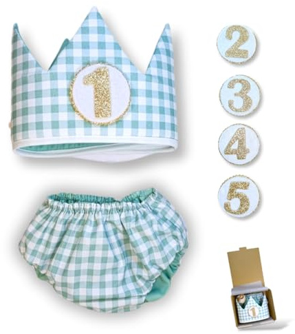 Surikatokids Corona Cumpleaños 1 año - Conjunto Smash Cake - Regalo Bebé - Ideas Regalo Original 1 año - Vichy 100% Algodón - Hecha en España (Mint)
