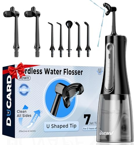Ducard Cordless Water Flosser for Teeth, U-Shaped Flossing 360° Deep Clean, 5 Modes 7 Jet Tips for Adult & Child, Portable Rechargeable Dental Flosser Pick for Braces, Travel, 350ML Large Tank