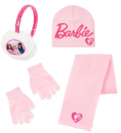Barbie Cappello, Sciarpa, Guanti e Paraorecchie per Ragazze, Berretto Invernale per Bambina Design Scintillante, Regalo per Bambine | Rosa