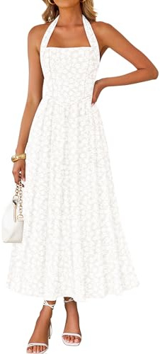ZESICA Women's Summer Sleeveless Floral Maxi Dresses 2026 Halter Neck Flowy A Line Formal Cocktail Wedding Guest Long Dress White Small