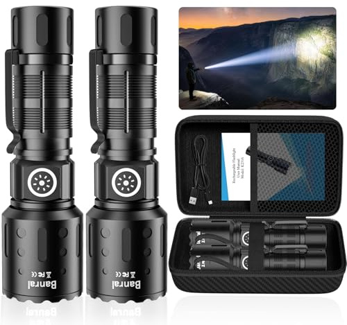 Banral Rechargeable Torch, Super Bright LED Torches High Lumens Powerful Torch with 6 Modes, Memory Function, Zoomable Waterproof Pocket Camping Torch for Hiking Outdoor Emergency (2 Pack, Black)