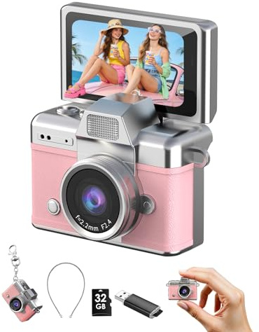 DollRank Mini Keychain Camera, 1080P Portable Digital Camera with 1.47” Flip LCD & Flash, Retro Collectible Pocket Camera for Travel, Parties, Birthday(Pink32GB)