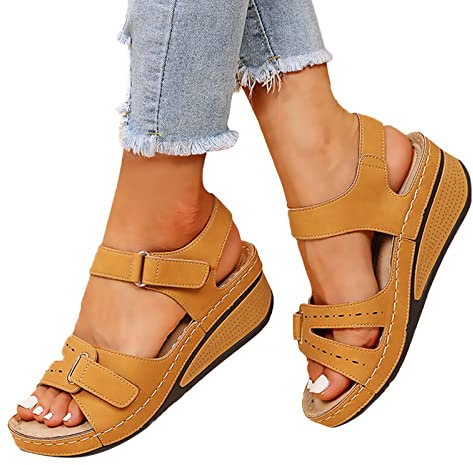 YIzdegg ortopediska sandaler dam med kilklack – sommarskor halkfria sandaler med spänne romerska sandaler, platåskor, ventilerande fritidsskor, bekväma sandaletter