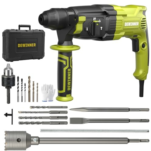 DEWINNER Marteau Perforateur 1100W 3.4 J, Marteau Perforateur 0-1500RPM/5500BPM avec 4 Fonctions et Embrayage de Sécurité, 20 Accessoires, Vitesse Variable, Béton, Acier, Bois